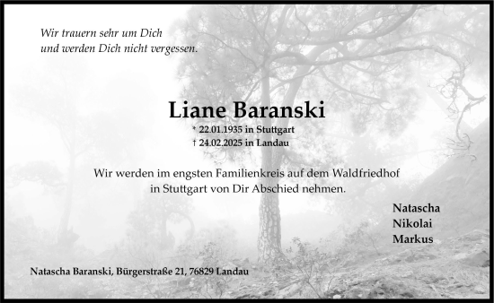 Traueranzeige von Liane Baranski von Stuttgarter Zeitung / Stuttgarter Nachrichten