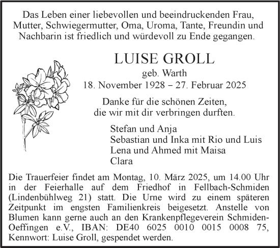 Traueranzeige von Luise Groll von Stuttgarter Zeitung / Stuttgarter Nachrichten