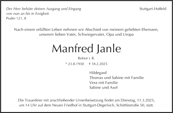 Traueranzeige von Manfred Janle von Stuttgarter Zeitung / Stuttgarter Nachrichten
