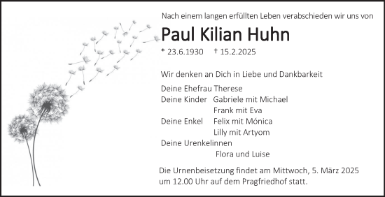 Traueranzeige von Paul Kilian Huhn von Stuttgarter Zeitung / Stuttgarter Nachrichten