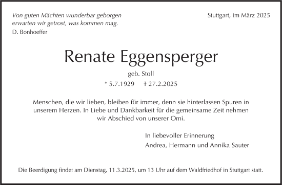 Traueranzeige von Renate Eggensperger von Stuttgarter Zeitung / Stuttgarter Nachrichten
