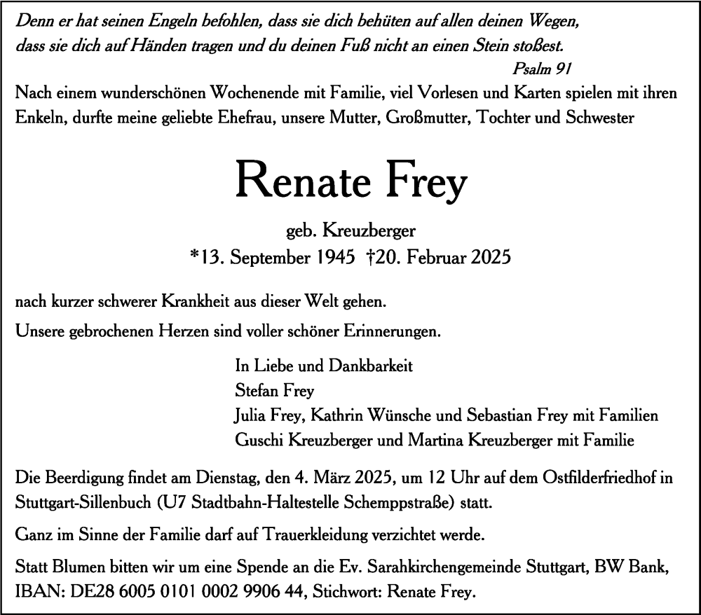  Traueranzeige für Renate Frey vom 01.03.2025 aus Stuttgarter Zeitung / Stuttgarter Nachrichten