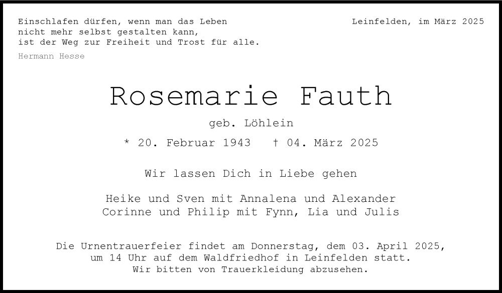  Traueranzeige für Rosemarie Fauth vom 12.03.2025 aus Stuttgarter Zeitung / Stuttgarter Nachrichten