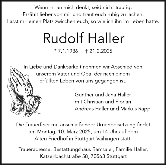 Traueranzeige von Rudolf Haller von Stuttgarter Zeitung / Stuttgarter Nachrichten