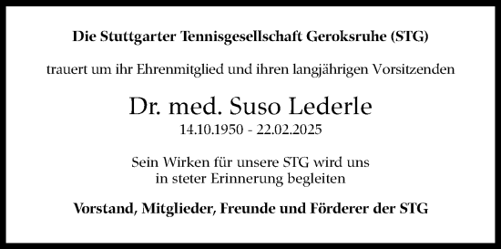 Traueranzeige von Suso Lederle von Stuttgarter Zeitung / Stuttgarter Nachrichten