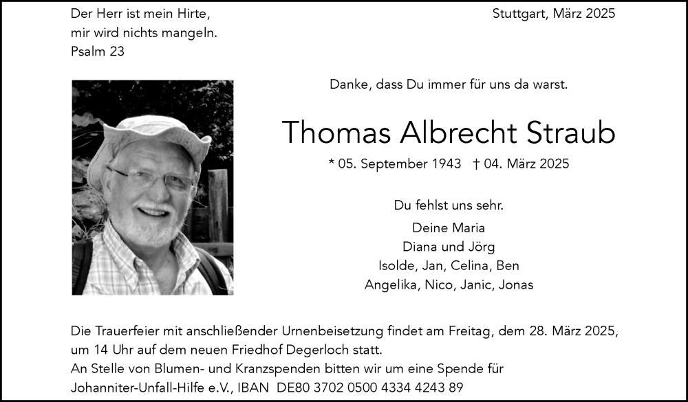  Traueranzeige für Thomas Albrecht Straub vom 15.03.2025 aus Stuttgarter Zeitung / Stuttgarter Nachrichten
