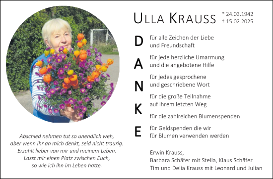 Traueranzeige von Ulla Krauss von Stuttgarter Zeitung / Stuttgarter Nachrichten