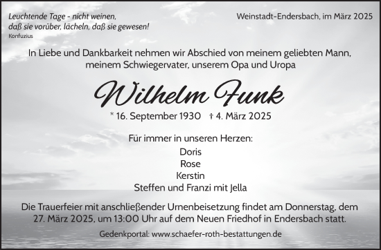 Traueranzeige von Wilhelm Funk von Stuttgarter Zeitung / Stuttgarter Nachrichten