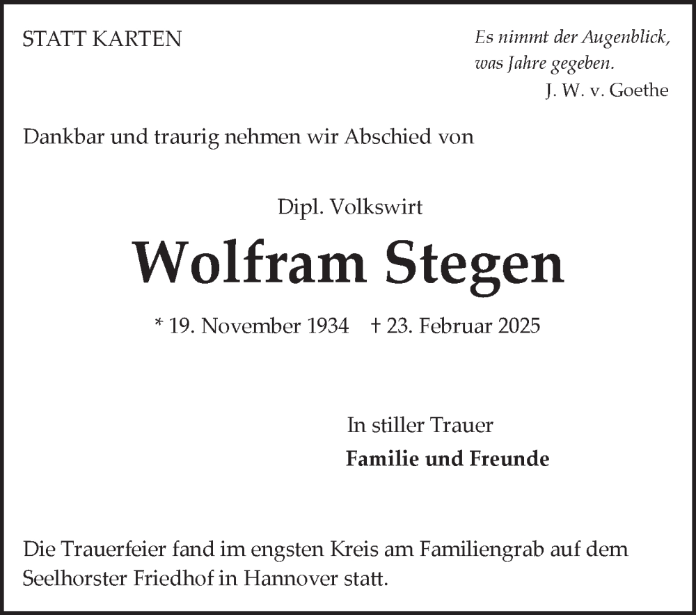  Traueranzeige für Wolfram Stegen vom 08.03.2025 aus Stuttgarter Zeitung / Stuttgarter Nachrichten