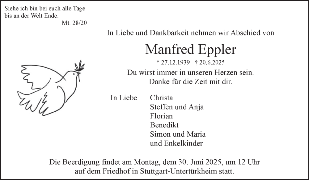  Traueranzeige für Manfred Eppler vom 28.06.2025 aus Stuttgarter Zeitung / Stuttgarter Nachrichten