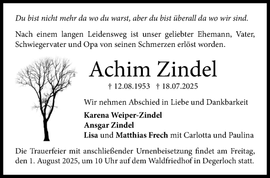 Traueranzeige von Achim Zindel von Stuttgarter Zeitung / Stuttgarter Nachrichten