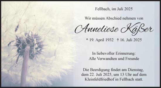 Traueranzeige von Anneliese Käßer von Stuttgarter Zeitung / Stuttgarter Nachrichten