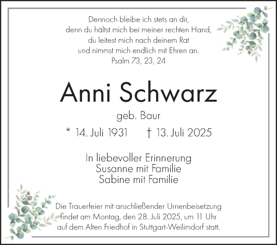 Traueranzeige von Anni Schwarz von Stuttgarter Zeitung / Stuttgarter Nachrichten