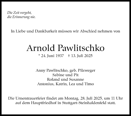 Traueranzeige von Arnold Pawlitschko von Stuttgarter Zeitung / Stuttgarter Nachrichten