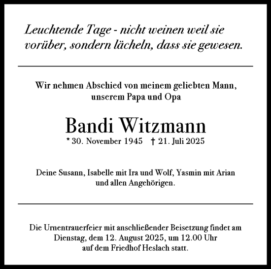 Traueranzeige von Bandi Witzmann von Stuttgarter Zeitung / Stuttgarter Nachrichten