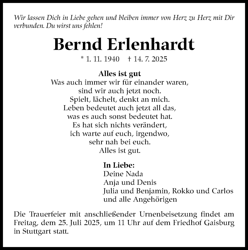  Traueranzeige für Bernd Erlenhardt vom 19.07.2025 aus Stuttgarter Zeitung / Stuttgarter Nachrichten