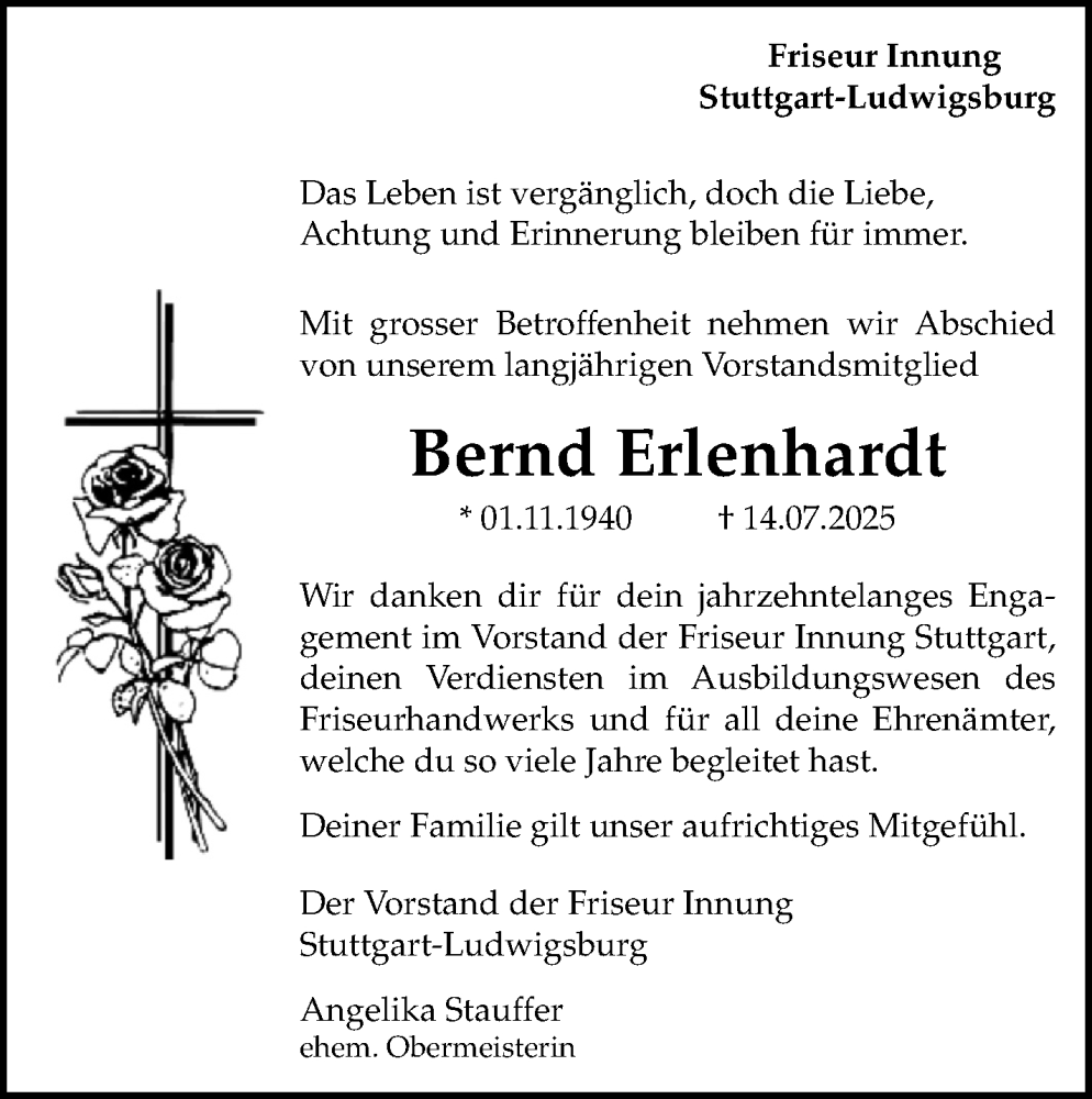  Traueranzeige für Bernd Erlenhardt vom 19.07.2025 aus Stuttgarter Zeitung / Stuttgarter Nachrichten