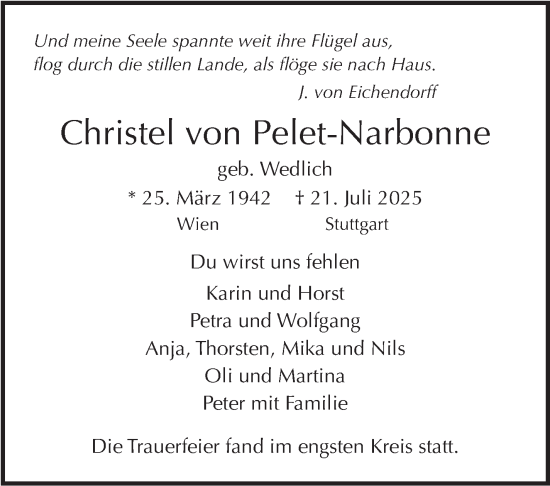 Traueranzeige von Christel von Pelet-Narbonne von Stuttgarter Zeitung / Stuttgarter Nachrichten