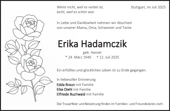 Traueranzeige von Erika Hadamczik von Stuttgarter Zeitung / Stuttgarter Nachrichten