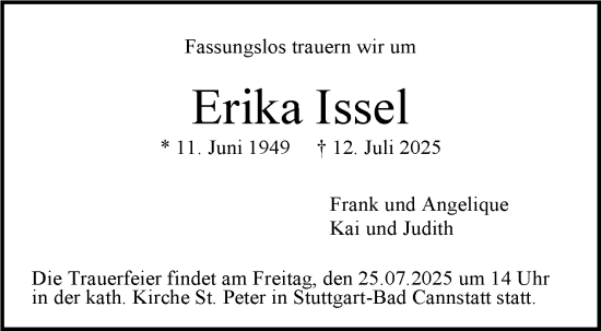 Traueranzeige von Erika Issel von Stuttgarter Zeitung / Stuttgarter Nachrichten