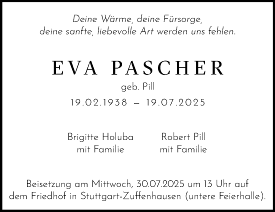 Traueranzeige von Eva Pascher von Stuttgarter Zeitung / Stuttgarter Nachrichten