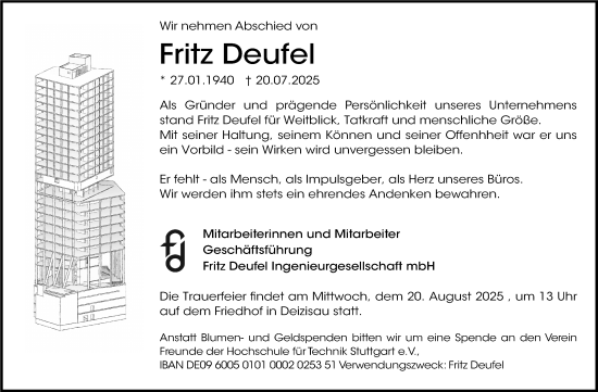 Traueranzeige von Fritz Deufel von Stuttgarter Zeitung / Stuttgarter Nachrichten