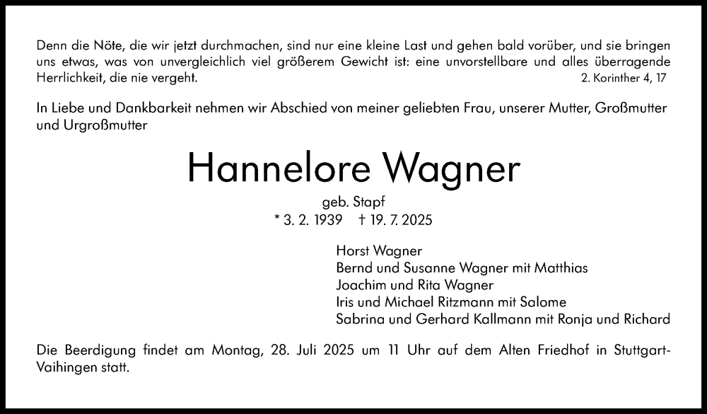  Traueranzeige für Hannelore Wagner vom 25.07.2025 aus Stuttgarter Zeitung / Stuttgarter Nachrichten