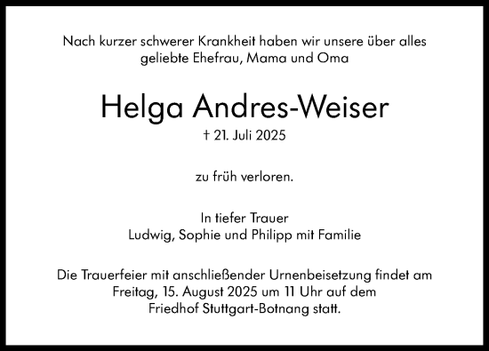 Traueranzeige von Helga Andres-Weiser von Stuttgarter Zeitung / Stuttgarter Nachrichten