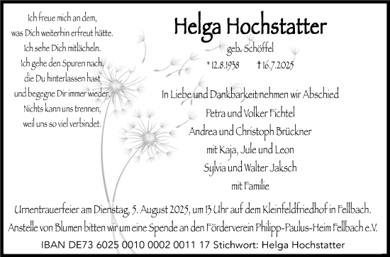 Traueranzeige von Helga Hochstatter von Stuttgarter Zeitung / Stuttgarter Nachrichten
