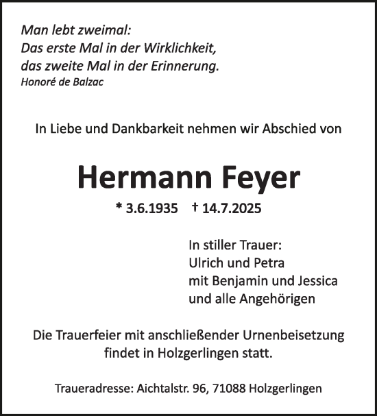 Traueranzeige von Hermann Feyer von Stuttgarter Zeitung / Stuttgarter Nachrichten