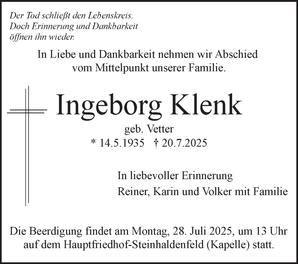  Traueranzeige für Ingeborg Klenk vom 24.07.2025 aus Stuttgarter Zeitung / Stuttgarter Nachrichten