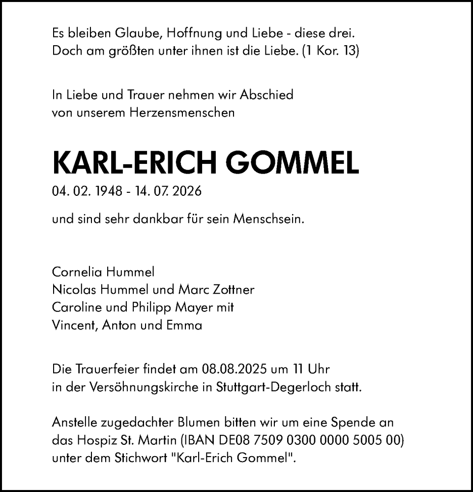  Traueranzeige für Karl-Erich Gommel vom 26.07.2025 aus Stuttgarter Zeitung / Stuttgarter Nachrichten