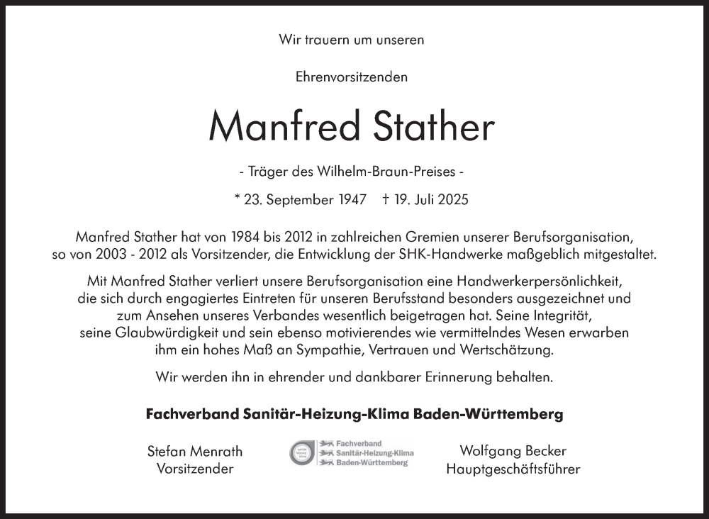 Traueranzeige für Manfred Stather vom 26.07.2025 aus Stuttgarter Zeitung / Stuttgarter Nachrichten