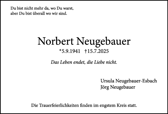Traueranzeige von Norbert Neugebauer von Stuttgarter Zeitung / Stuttgarter Nachrichten