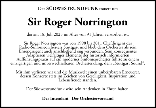 Traueranzeige von Roger Norrington von Stuttgarter Zeitung / Stuttgarter Nachrichten