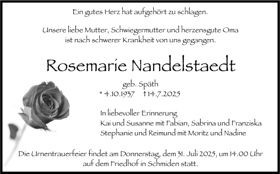 Traueranzeige von Rosemarie Nandelstaedt von Stuttgarter Zeitung / Stuttgarter Nachrichten