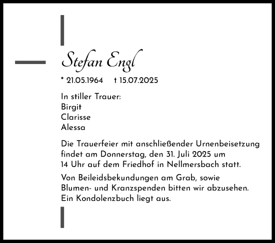 Traueranzeige von Stefan Engl von Stuttgarter Zeitung / Stuttgarter Nachrichten