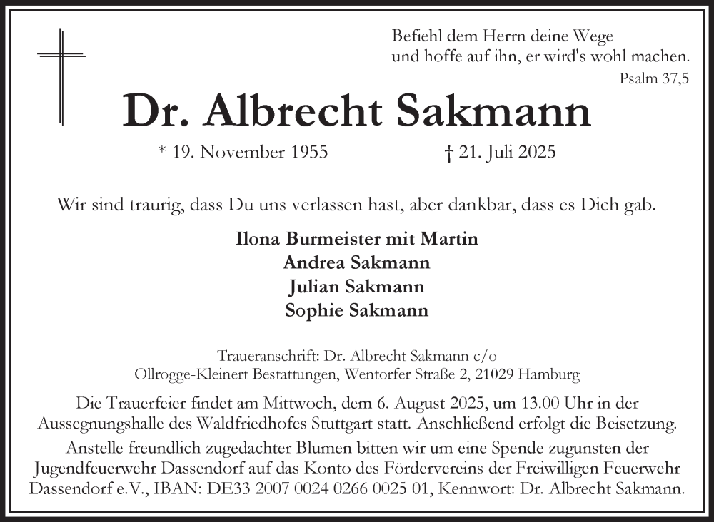  Traueranzeige für Albrecht Sakmann vom 02.08.2025 aus Stuttgarter Zeitung / Stuttgarter Nachrichten