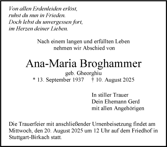 Traueranzeige von Ana-Maria Broghammer von Stuttgarter Zeitung / Stuttgarter Nachrichten