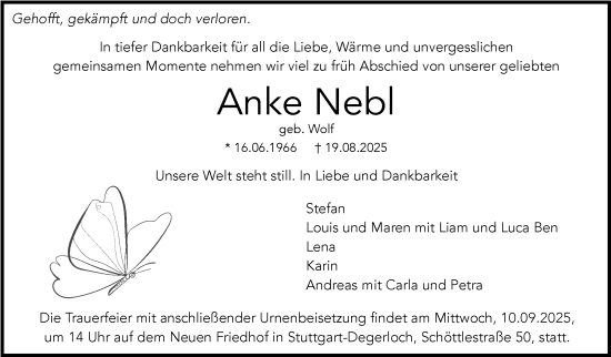 Traueranzeige von Anke Nebl von Stuttgarter Zeitung / Stuttgarter Nachrichten