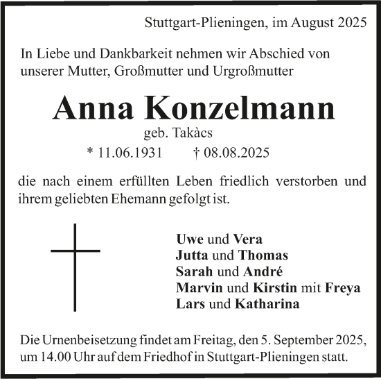 Traueranzeige von Anna Konzelmann von Stuttgarter Zeitung / Stuttgarter Nachrichten