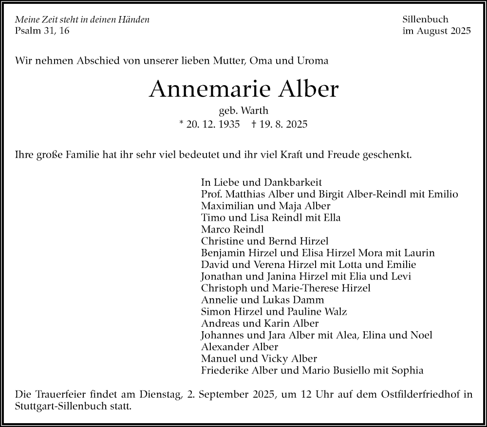  Traueranzeige für Annemarie Alber vom 25.08.2025 aus Stuttgarter Zeitung / Stuttgarter Nachrichten