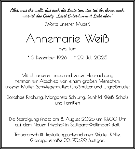 Traueranzeige von Annemarie Weib von Stuttgarter Zeitung / Stuttgarter Nachrichten