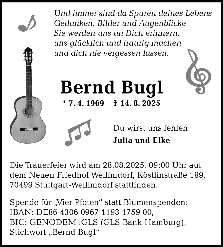  Traueranzeige für Bernd Bugl vom 26.08.2025 aus Stuttgarter Zeitung / Stuttgarter Nachrichten