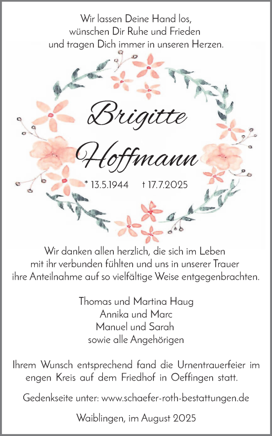 Traueranzeige von Brigitte Hoffmann von Stuttgarter Zeitung / Stuttgarter Nachrichten