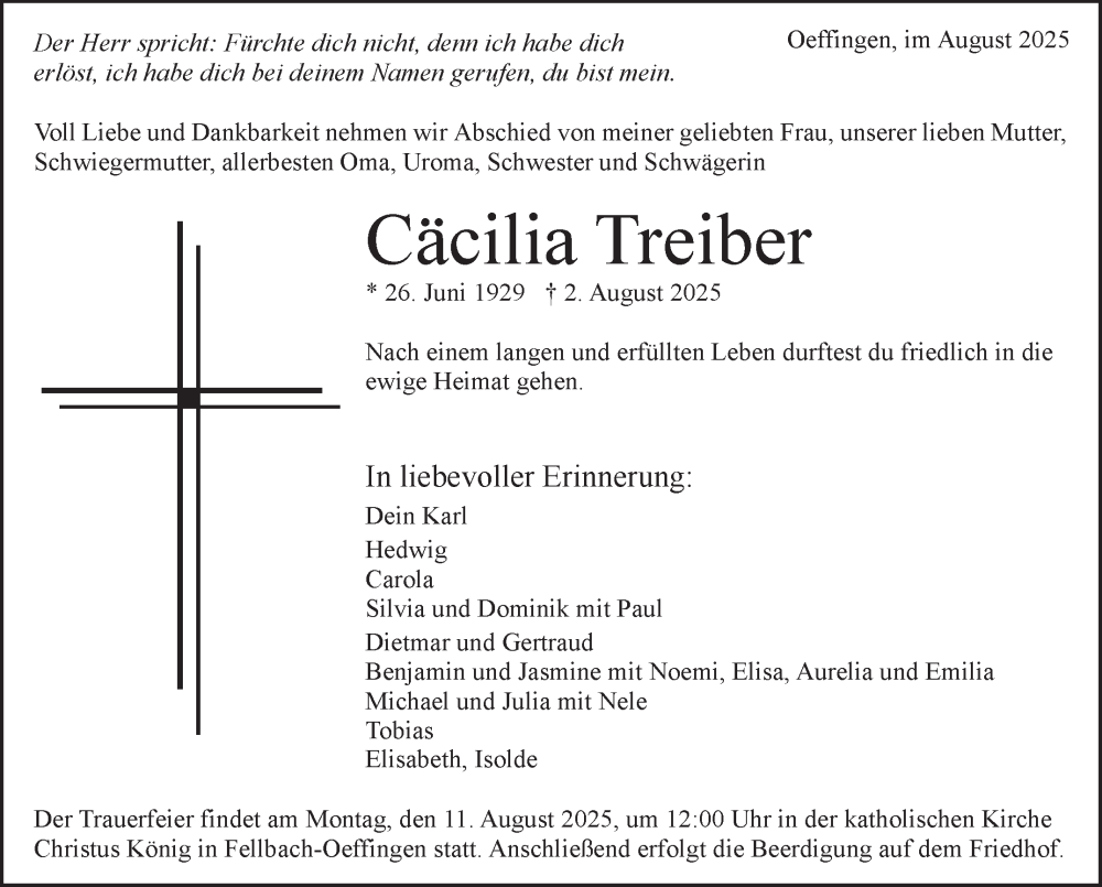  Traueranzeige für Cäcilia Treiber vom 08.08.2025 aus Stuttgarter Zeitung / Stuttgarter Nachrichten