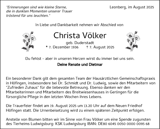 Traueranzeige von Christa Völker von Stuttgarter Zeitung / Stuttgarter Nachrichten