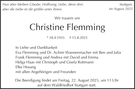 Traueranzeige von Christine Flemming von Stuttgarter Zeitung / Stuttgarter Nachrichten