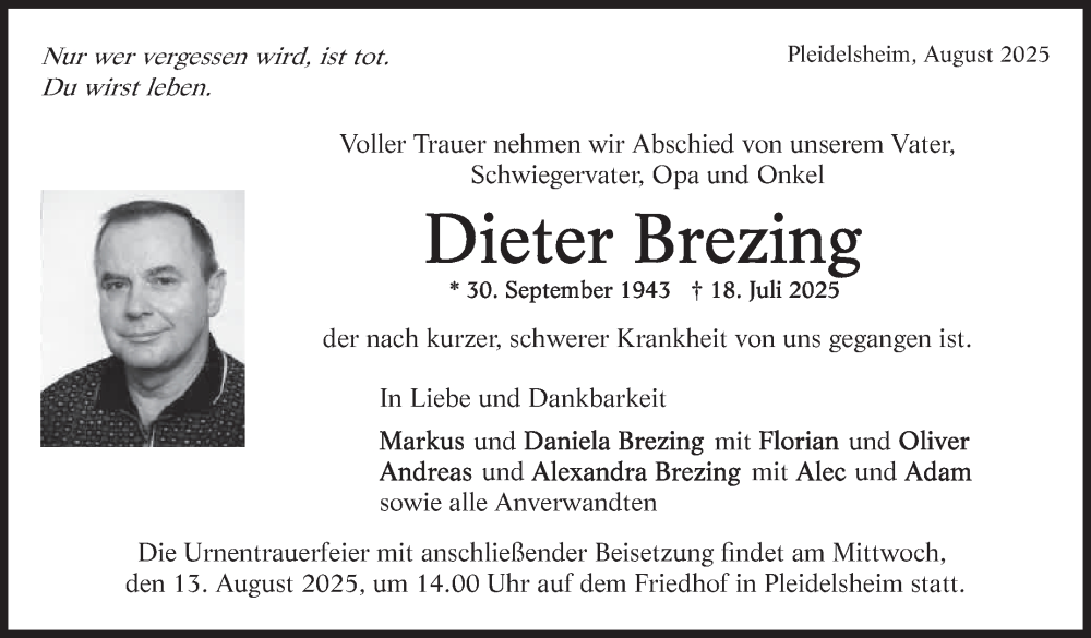  Traueranzeige für Dieter Brezing vom 02.08.2025 aus Stuttgarter Zeitung / Stuttgarter Nachrichten