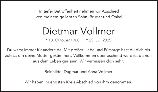 Traueranzeige von Dietmar Vollmer von Stuttgarter Zeitung / Stuttgarter Nachrichten